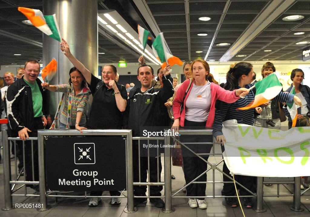 8 May 2008; Ireland fans await the arrival of Team Ireland players. TEAM Ireland returned from the Special Olympics European Football Tournament which took place in Switzerland as competition runners up having lost out to Latvia in the finals by one goal.  24 countries in total took part in the tournament to celebrate European Football Week, supported by UEFA. Dublin Airport. Picture credit: Brian Lawless / SPORTSFILE