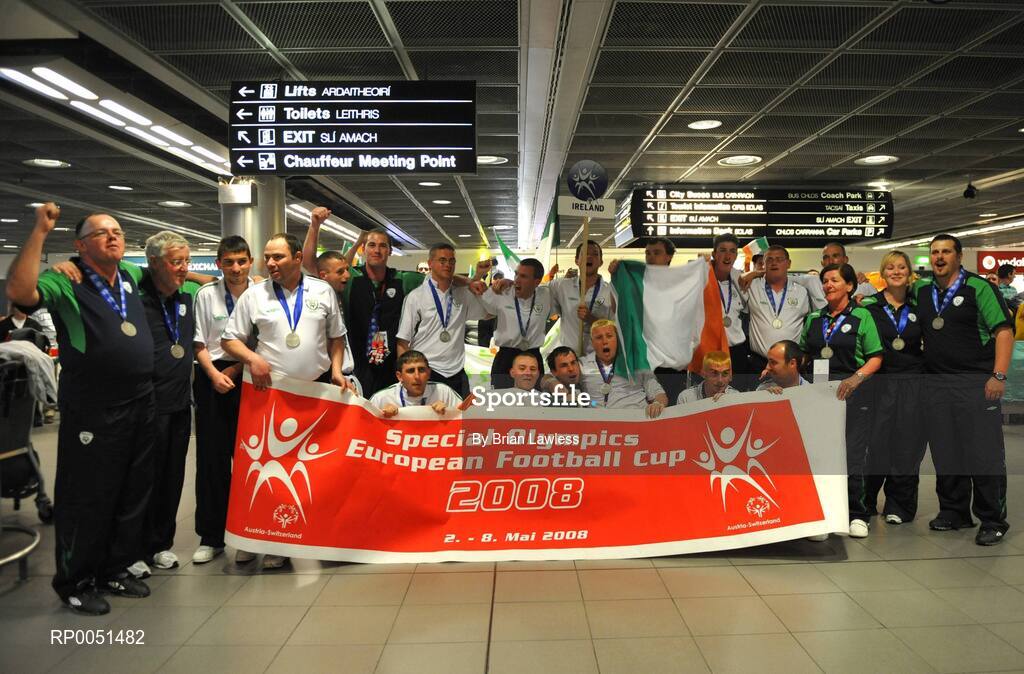 8 May 2008; Team Ireland players on their arrival in Dublin Airport. TEAM Ireland returned from the Special Olympics European Football Tournament which took place in Switzerland as competition runners up having lost out to Latvia in the finals by one goal.  24 countries in total took part in the tournament to celebrate European Football Week, supported by UEFA. Dublin Airport. Picture credit: Brian Lawless / SPORTSFILE