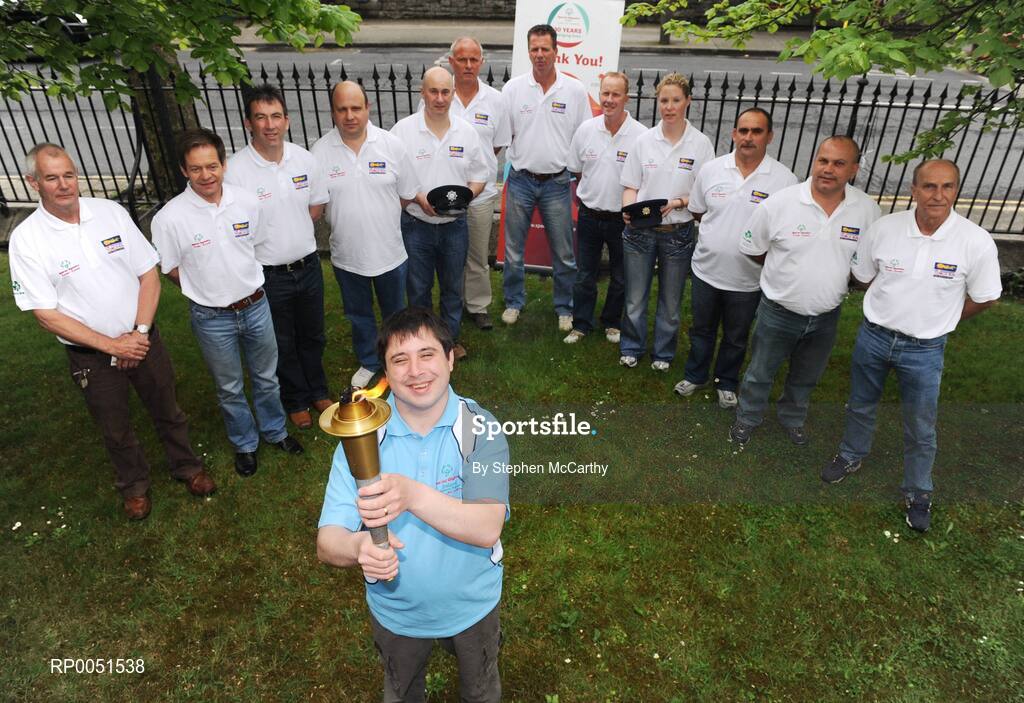 10 May 2008; Special Olympics athlete Paddy Ellis, with the Flame of Hope, and law enforcement officers from Northern Ireland, Ireland, Holland, Gibraltar, Austia, Great Britian and Poland, at the 2008 Special Olympics Western Europe Torch Run conference. Dublin is the venue for the 2008 Special Olympics Western Europe Torch Run conference which takes place from 8-11 May and law enforcement officers from which six jurisdictions are attending - Great Britian, Holland, Gibralter, Ireland, Austria, Northern Ireland and Poland. Park House, North Circular Road, Dublin. Picture credit: Stephen McCarthy / SPORTSFILE