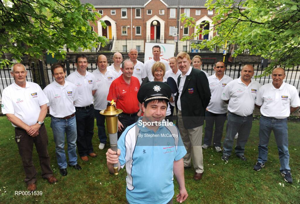 10 May 2008; Special Olympics athlete Paddy Ellis, with the Flame of Hope, Padraig Corkery, Head of Sponsorship, eircom, left, Mary Davis, MD, Special Olympics Europe Eurasia, Duncan McCausland, Assistant Chief Constable of the PSNI, and law enforcement officers from Northern Ireland, Ireland, Holland, Gibraltar, Austia, Great Britian and Poland, at the 2008 Special Olympics Western Europe Torch Run conference. Dublin is the venue for the 2008 Special Olympics Western Europe Torch Run conference which takes place from 8-11 May and law enforcement officers from which six jurisdictions are attending - Great Britian, Holland, Gibralter, Ireland, Austria, Northern Ireland and Poland. Park House, North Circular Road, Dublin. Picture credit: Stephen McCarthy / SPORTSFILE