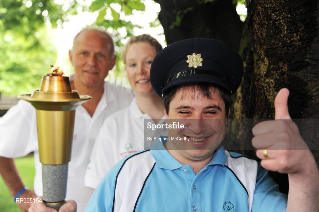 10 May 2008; Special Olympics athlete Paddy Ellis, with the Flame of Hope, Toon van Osta, from Holland, and Michaela Moloney, from Templemore Garda College at the 2008 Special Olympics Western Europe Torch Run conference. Dublin is the venue for the 2008 Special Olympics Western Europe Torch Run conference which takes place from 8-11 May and law enforcement officers from which six jurisdictions are attending - Great Britian, Holland, Gibralter, Ireland, Austria, Northern Ireland and Poland. Park House, North Circular Road, Dublin. Picture credit: Stephen McCarthy / SPORTSFILE