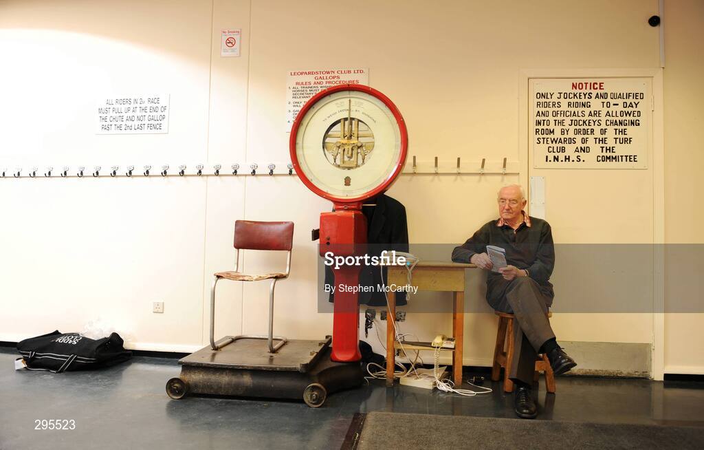 11 May 2008; Tom McGuirk, examines the race card, beside the old jockeys weighing scales in the weighing room. Derrinstown Stud Derby Trial Stakes Day, Leopardstown, Co. Dublin. Picture credit: Stephen McCarthy / SPORTSFILE
