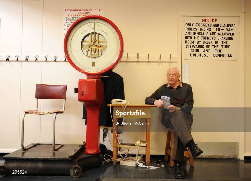 11 May 2008; Tom McGuirk, examines the race card, beside the old jockeys weighing scales in the weighing room. Derrinstown Stud Derby Trial Stakes Day, Leopardstown, Co. Dublin. Picture credit: Stephen McCarthy / SPORTSFILE
