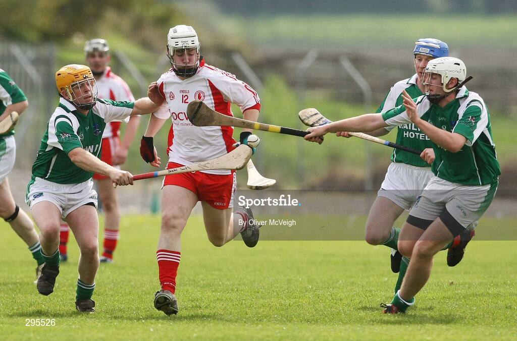 11 May 2008; Cormac McHugh, Tyrone, in action against Barry Smyth and Mark Slevin, Fermanagh. GAA Hurling Ulster Senior Championship, Fermanagh v Tyrone, Emmett Park, Lisnaskea, Co. Fermanagh. Picture credit: Oliver McVeigh / SPORTSFILE
