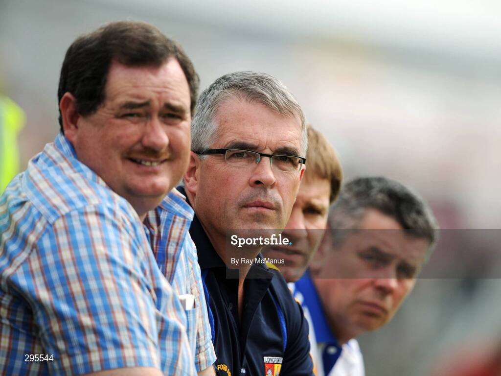 11 May 2008; Longford manager Luke Dempsey flanked by County Secretary, Seamus Quinn, left, and selectors Eugene McCormack and Martin Shelly, right, watch the closing minutes of the first-half. GAA Football Leinster Senior Championship, Longford v Westmeath, Pearse Park, Longford. Picture credit: Ray McManus / SPORTSFILE
