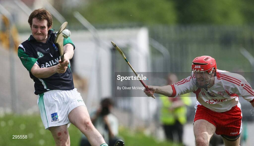 11 May 2008; Peter McEvoy Fermanagh, in action against John Kerr, Tyrone. GAA Hurling Ulster Senior Championship, Fermanagh v Tyrone, Emmett Park, Lisnaskea, Co. Fermanagh. Picture credit: Oliver McVeigh / SPORTSFILE