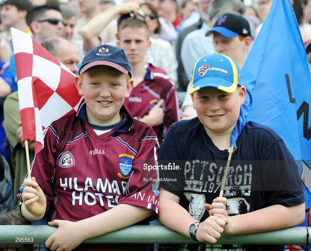 11 May 2008; Cousins supporting the two teams. Tom Tighe, ten years, from Rathowen, Co. Westmeath, and twelve-year-old Wayne Moran, from Legan, Co. Offaly, at the game. GAA Football Leinster Senior Championship, Longford v Westmeath, Pearse Park, Longford. Picture credit: Ray McManus / SPORTSFILE