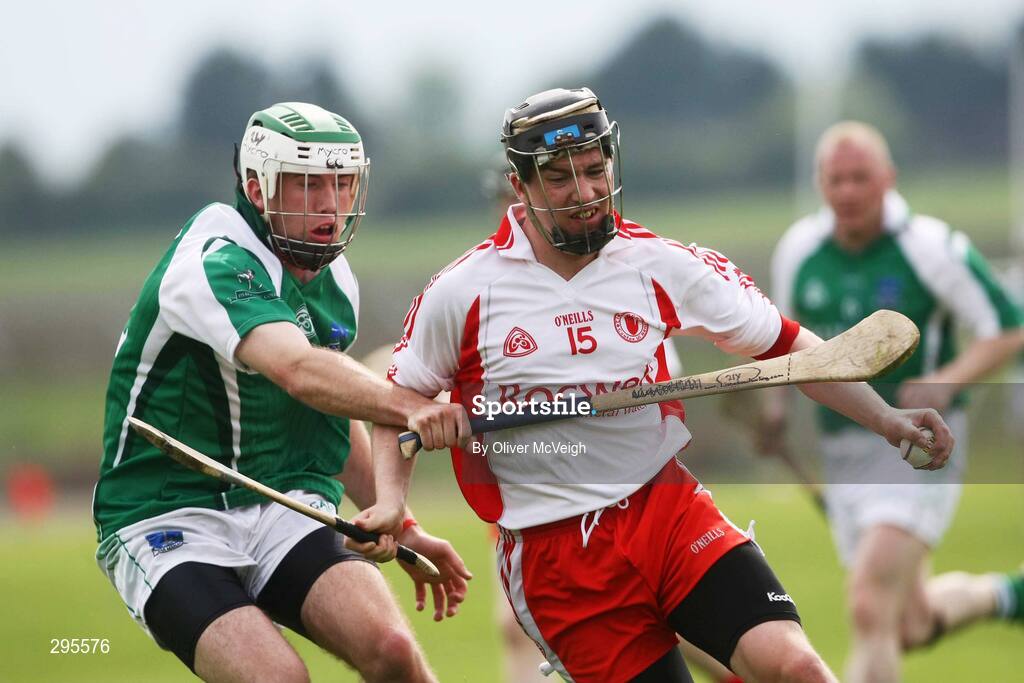 11 May 2008; Paddy Devine, Tyrone, in action against Colm Rice, Fermanagh. GAA Hurling Ulster Senior Championship, Fermanagh v Tyrone, Emmett Park, Lisnaskea, Co. Fermanagh. Picture credit: Oliver McVeigh / SPORTSFILE