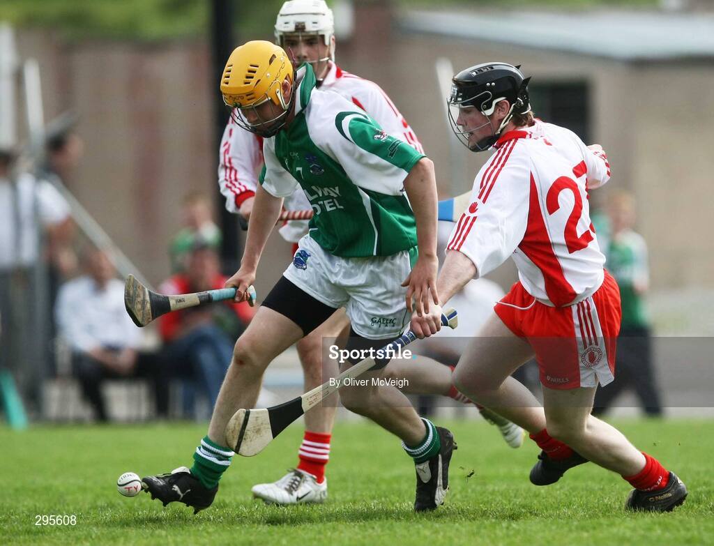 11 May 2008; Francie McBrien, Fermanagh, in action against Peadar McMahon, Tyrone. GAA Hurling Ulster Senior Championship, Fermanagh v Tyrone, Emmett Park, Lisnaskea, Co. Fermanagh. Picture credit: Oliver McVeigh / SPORTSFILE
