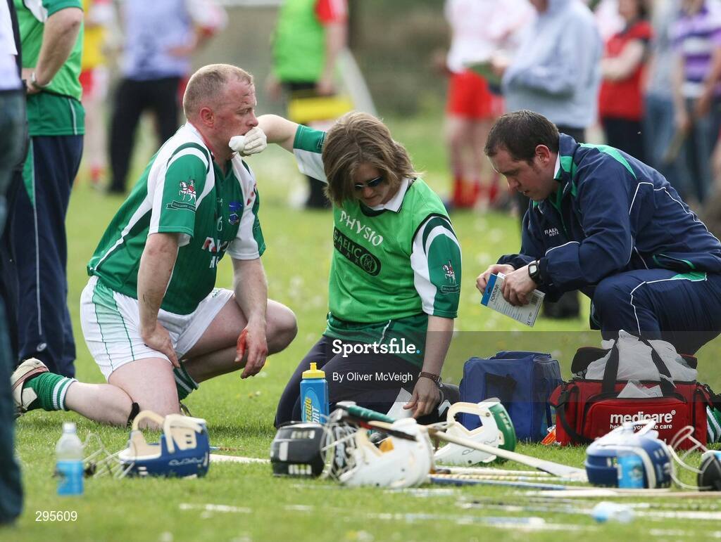11 May 2008; Fermanagh Captain Jason McManus, receives treatment off the field for a blood injury. GAA Hurling Ulster Senior Championship, Fermanagh v Tyrone, Emmett Park, Lisnaskea, Co. Fermanagh. Picture credit: Oliver McVeigh / SPORTSFILE
