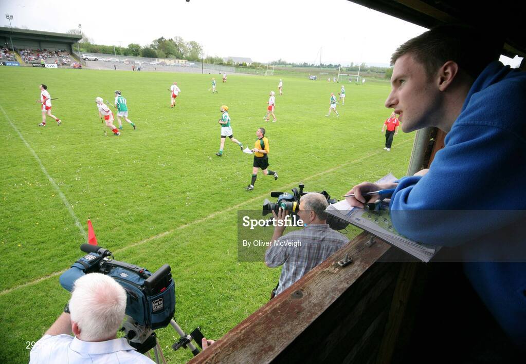 11 May 2008; RTE Journalist, Pauric Lodge, watching the match from the TV Box. GAA Hurling Ulster Senior Championship, Fermanagh v Tyrone, Emmett Park, Lisnaskea, Co. Fermanagh. Picture credit: Oliver McVeigh / SPORTSFILE