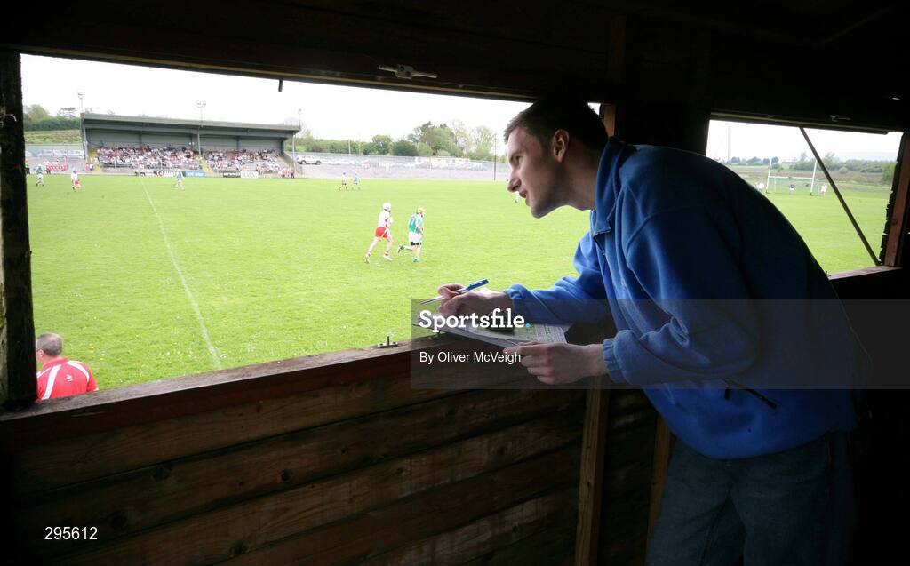 11 May 2008; RTE Journalist, Pauric Lodge, watching the match from the TV Box. GAA Hurling Ulster Senior Championship, Fermanagh v Tyrone, Emmett Park, Lisnaskea, Co. Fermanagh. Picture credit: Oliver McVeigh / SPORTSFILE