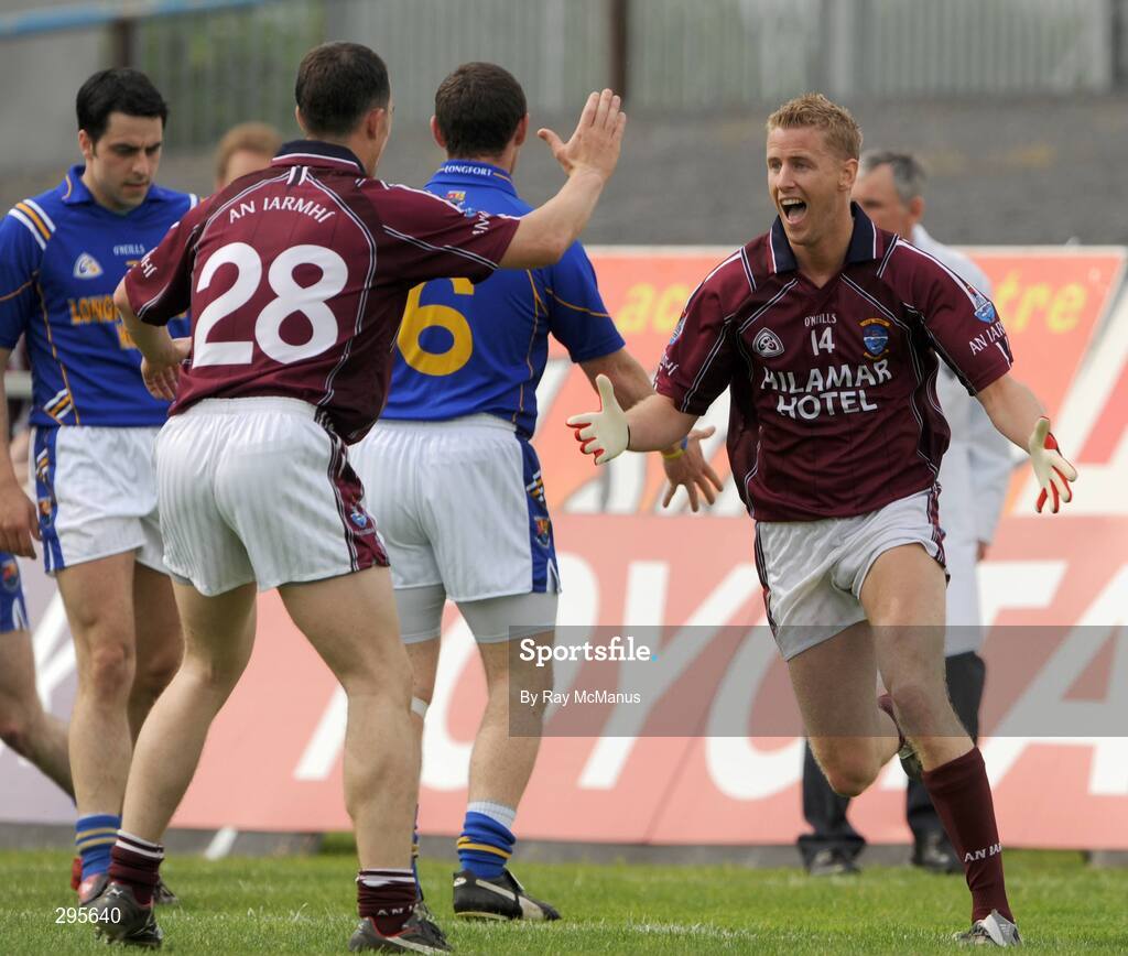 11 May 2008; Denis Glennon turns to celebrate with team-mate Dessie Dolan, 28, after scoring the second Westmeath goal. GAA Football Leinster Senior Championship, Longford v Westmeath, Pearse Park, Longford. Picture credit: Ray McManus / SPORTSFILE