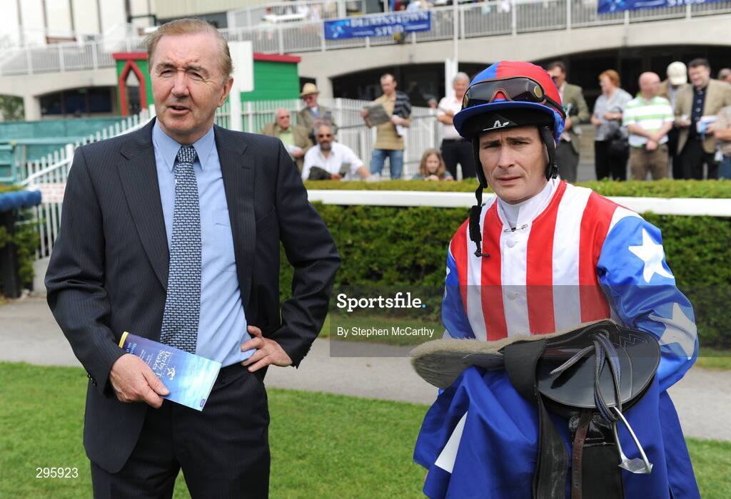 11 May 2008; Trainer Dermot Weld with jockey Pat Smullen after winning the Carrickmines Maiden race with Theocritus. Derrinstown Stud Derby Trial Stakes Day, Leopardstown, Co. Dublin. Picture credit: Stephen McCarthy / SPORTSFILE