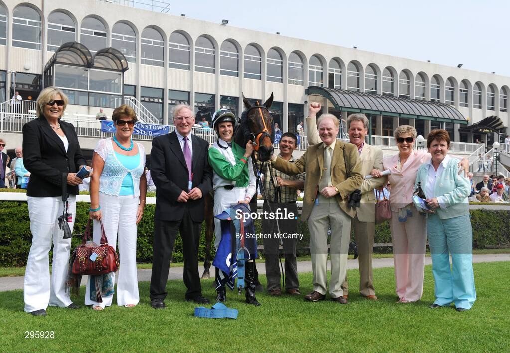 11 May 2008; Trainer Jessica Harrington, left, with jockey Fran Berry and winning connections of Merveilles after winning the Milltown Handicap race. Derrinstown Stud Derby Trial Stakes Day, Leopardstown, Co. Dublin. Picture credit: Stephen McCarthy / SPORTSFILE