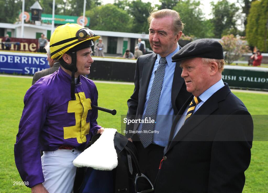 11 May 2008; Trainer Dermot Weld, centre, in conversation with jockey Pat Smullen after he sent Carribean Sunset out to win the Derrinstown Stud 1,000 Guineas Trial. Derrinstown Stud Derby Trial Stakes Day, Leopardstown, Co. Dublin. Picture credit: Stephen McCarthy / SPORTSFILE
