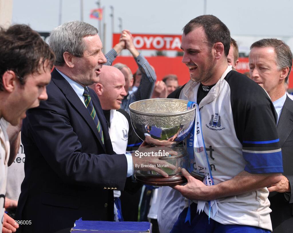 11 May 2008; Cork Con captain Merle O'Connor is presented with the trophy by Der Healy, President of the IRFU. AIB All-Ireland League Division 1 Final, Cork Constitution v Garryowen, Musgrave Park, Cork. Picture credit: Brendan Moran / SPORTSFILE