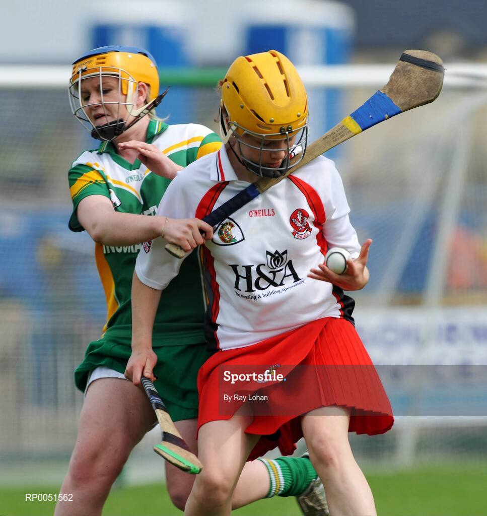 11 May 2008; Gráinne McNicholl, Derry, in action against Claire Nevin, Offaly. All-Ireland Under 16B Championship Final, Derry v Offaly, Donaghmore, Ashbourne, Co. Meath. Picture Credit: Ray Lohan / SPORTSFILE  *** Local Caption ***