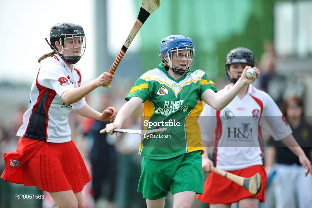 11 May 2008; Emily Quinlan, Offaly, in action against Ailis Cassidy, Derry. All-Ireland Under 16B Championship Final, Derry v Offaly, Donaghmore, Ashbourne, Co. Meath. Picture Credit: Ray Lohan / SPORTSFILE  *** Local Caption ***