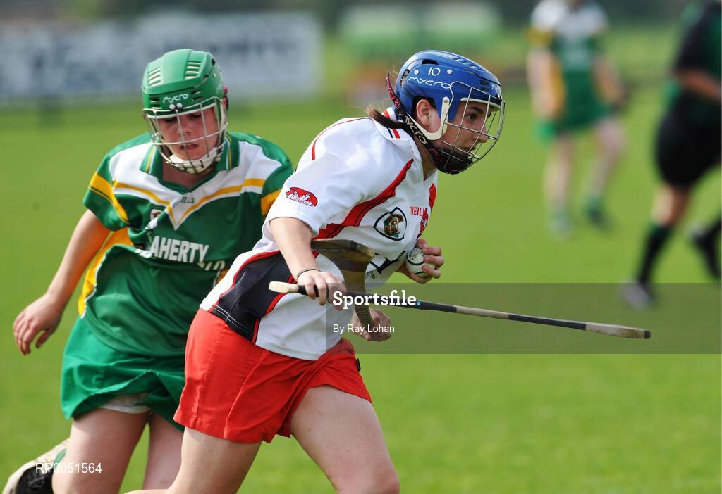 11 May 2008; Karen Kielt, Derry, in action against Katie Hand, Offaly. All-Ireland Under 16B Championship Final, Derry v Offaly, Donaghmore, Ashbourne, Co. Meath. Picture Credit: Ray Lohan / SPORTSFILE  *** Local Caption ***