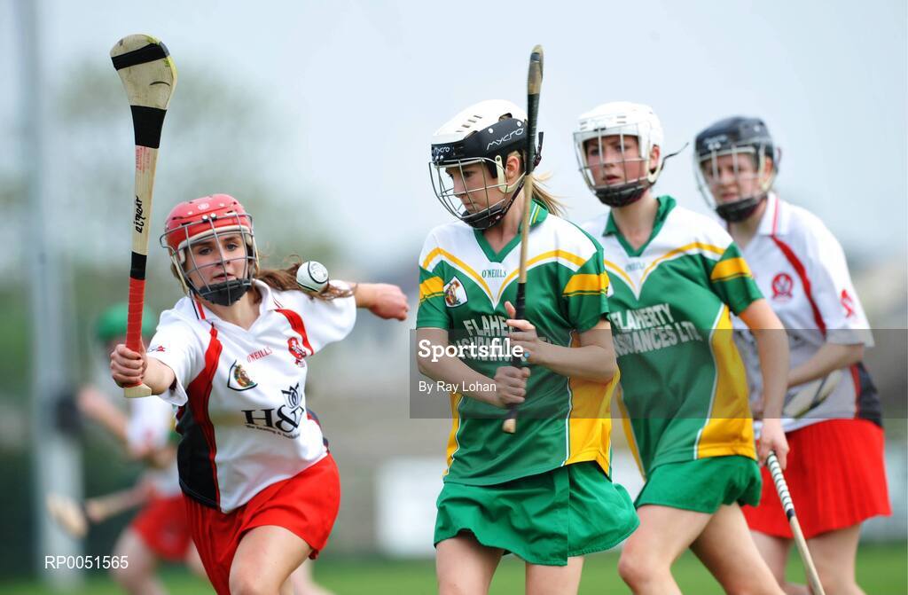 11 May 2008; Julie Stephens, Offaly, in action against Eimear Mullen, Derry. All-Ireland Under 16B Championship Final, Derry v Offaly, Donaghmore, Ashbourne, Co. Meath. Picture Credit: Ray Lohan / SPORTSFILE  *** Local Caption ***