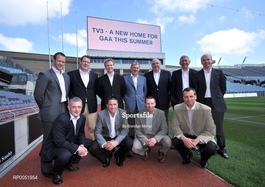 15 May 2008; TV3 has announced its GAA Line-up at Croke Park for Championship Season 2008. All live matches will be hosted by Matt Cooper and he will be joined in the studio by three expert panelists for each match. In addition to the live matches, TV3 will also broadcast a new Thursday prime time magazine show "Championship Throw-In", starting on May 29th. Pictured at the announcement are panellists, back, from left, David Brady, Daithi Regan, Presenter Matt Cooper, Eugene McGee, Joe Kernan, Liam Griffin and Peter Cavnavan with front, from left, Nicky English, Senan Connell, Jamesie O'Connor and Paul Earley. Croke Park, Dublin. Picture credit: Brendan Moran / SPORTSFILE  *** Local Caption ***