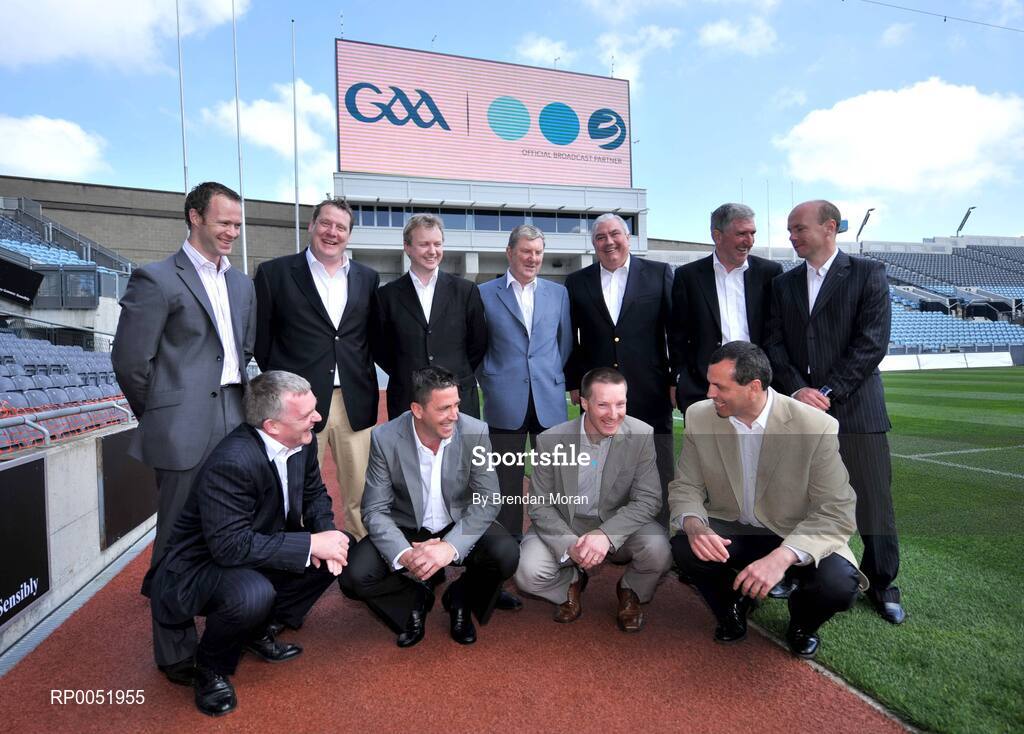 15 May 2008; TV3 has announced its GAA Line-up at Croke Park for Championship Season 2008. All live matches will be hosted by Matt Cooper and he will be joined in the studio by three expert panelists for each match. In addition to the live matches, TV3 will also broadcast a new Thursday prime time magazine show "Championship Throw-In", starting on May 29th. Pictured at the announcement are panellists, back, from left, David Brady, Daithi Regan, Presenter Matt Cooper, Eugene McGee, Joe Kernan, Liam Griffin and Peter Cavnavan with front, from left, Nicky English, Senan Connell, Jamesie O'Connor and Paul Earley. Croke Park, Dublin. Picture credit: Brendan Moran / SPORTSFILE  *** Local Caption ***
