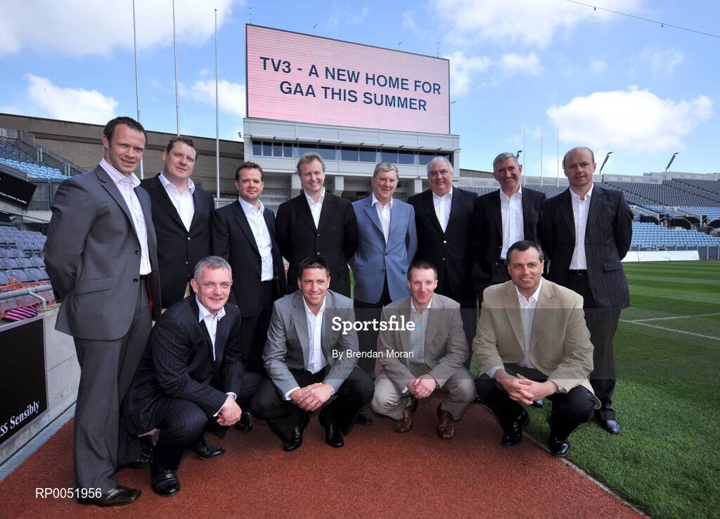 15 May 2008; TV3 has announced its GAA Line-up at Croke Park for Championship Season 2008. All live matches will be hosted by Matt Cooper and he will be joined in the studio by three expert panelists for each match. In addition to the live matches, TV3 will also broadcast a new Thursday prime time magazine show "Championship Throw-In", starting on May 29th. Pictured at the announcement are panellists, back, from left, David Brady, Daithi Regan, Pat Kiely, Commercial Director, TV3, Presenter Matt Cooper, Eugene McGee, Joe Kernan, Liam Griffin and Peter Cavnavan with front, from left, Nicky English, Senan Connell, Jamesie O'Connor and Paul Earley. Croke Park, Dublin. Picture credit: Brendan Moran / SPORTSFILE  *** Local Caption ***