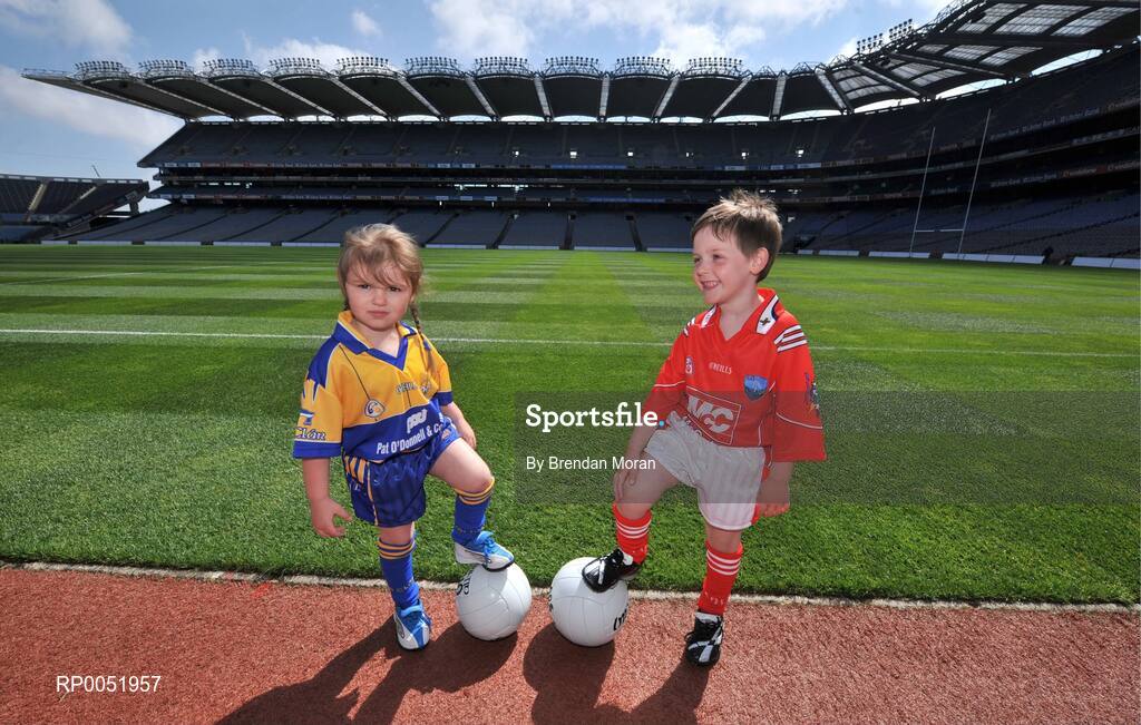 15 May 2008; TV3 has announced its GAA Line-up at Croke Park for Championship Season 2008. All live matches will be hosted by Matt Cooper and he will be joined in the studio by three expert panelists for each match. In addition to the live matches, TV3 will also broadcast a new Thursday prime time magazine show "Championship Throw-In", starting on May 29th. Pictured at the announcement are Kiana Somers, age, 3, in a Clare kit and Jonathan Somers, age 4, in a Louth kit. Croke Park, Dublin. Picture credit: Brendan Moran / SPORTSFILE  *** Local Caption ***