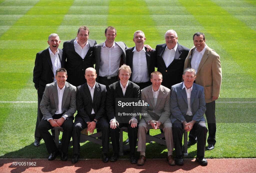 15 May 2008; TV3 has announced its GAA Line-up at Croke Park for Championship Season 2008. All live matches will be hosted by Matt Cooper and he will be joined in the studio by three expert panelists for each match. In addition to the live matches, TV3 will also broadcast a new Thursday prime time magazine show "Championship Throw-In", starting on May 29th. Pictured at the announcement are panellists, back from left, Liam Griffin, Daithi Regan, David Brady, Nicky English, Joe Kernan, and Paul Earley with, front, from left, Senan Connell, Peter Canavan, Presenter Matt Cooper, Jamesie O'Connor, and Eugene McGee. Croke Park, Dublin. Picture credit: Brendan Moran / SPORTSFILE  *** Local Caption ***