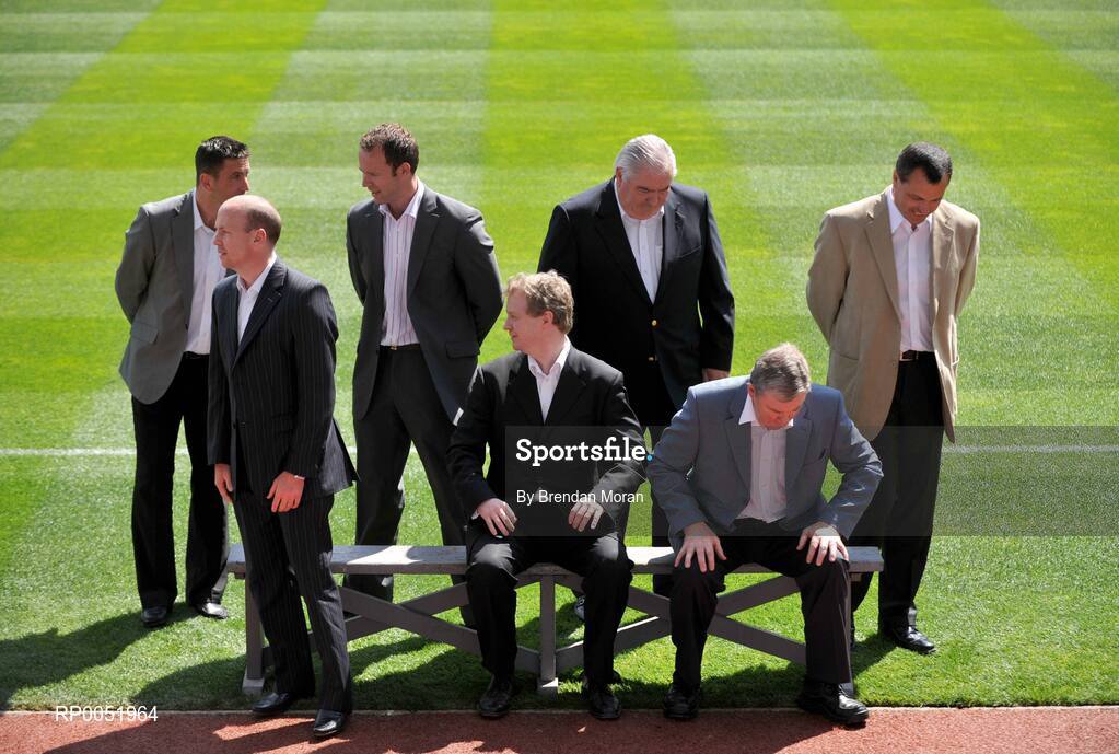 15 May 2008; TV3 has announced its GAA Line-up at Croke Park for Championship Season 2008. All live matches will be hosted by Matt Cooper and he will be joined in the studio by three expert panelists for each match. In addition to the live matches, TV3 will also broadcast a new Thursday prime time magazine show "Championship Throw-In", starting on May 29th. Pictured at the announcement are football panellists, back from left, Senan Connell, David Brady, Joe Kernan and Paul Earley with front, from left, Peter Canavan, Presenter Matt Cooper, and Eugene McGee. Croke Park, Dublin. Picture credit: Brendan Moran / SPORTSFILE  *** Local Caption ***