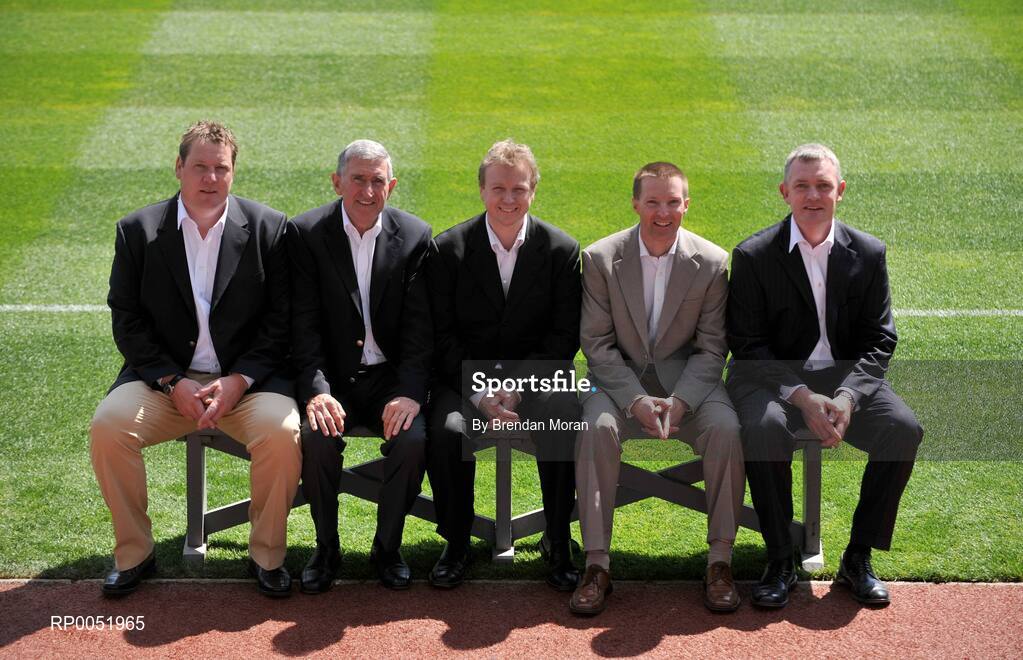 15 May 2008; TV3 has announced its GAA Line-up at Croke Park for Championship Season 2008. All live matches will be hosted by Matt Cooper and he will be joined in the studio by three expert panelists for each match. In addition to the live matches, TV3 will also broadcast a new Thursday prime time magazine show "Championship Throw-In", starting on May 29th. Pictured at the announcement are hurling panellists, from left, Daithi Regan, Liam Griffin, Presenter Matt Cooper, Jamesie O'Connor and Nicky English. Croke Park, Dublin. Picture credit: Brendan Moran / SPORTSFILE  *** Local Caption ***