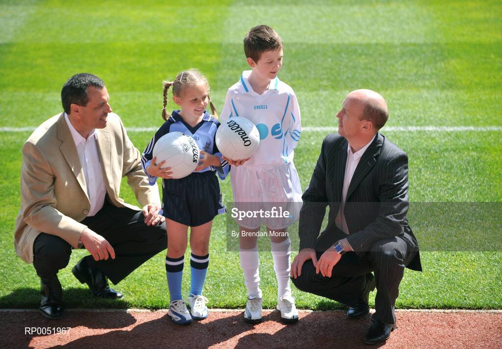 15 May 2008; TV3 has announced its GAA Line-up at Croke Park for Championship Season 2008. All live matches will be hosted by Matt Cooper and he will be joined in the studio by three expert panelists for each match. In addition to the live matches, TV3 will also broadcast a new Thursday prime time magazine show "Championship Throw-In", starting on May 29th. Pictured at the announcement are, from left, Paul Earley, Kaci Somers Digby, age 6, from Dublin, Evan Somers, age 9, from Carlow, and Peter Canavan. Croke Park, Dublin. Picture credit: Brendan Moran / SPORTSFILE  *** Local Caption ***