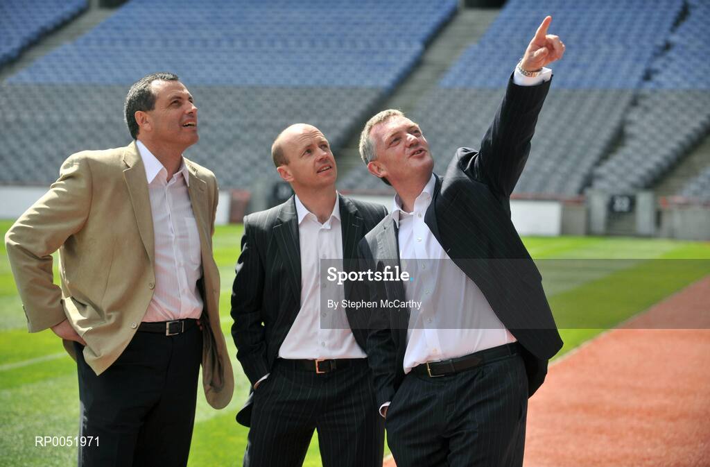 15 May 2008; TV3 has announced its GAA Line-up at Croke Park for Championship Season 2008. All live matches will be hosted by Matt Cooper and he will be joined in the studio by three expert panelists for each match. In addition to the live matches, TV3 will also broadcast a new Thursday prime time magazine show "Championship Throw-In", starting on May 29th. Pictured at the announcement are, from left, Paul Earley, Peter Canavan and Nicky English. Croke Park, Dublin. Picture credit: Stephen McCarthy / SPORTSFILE  *** Local Caption ***