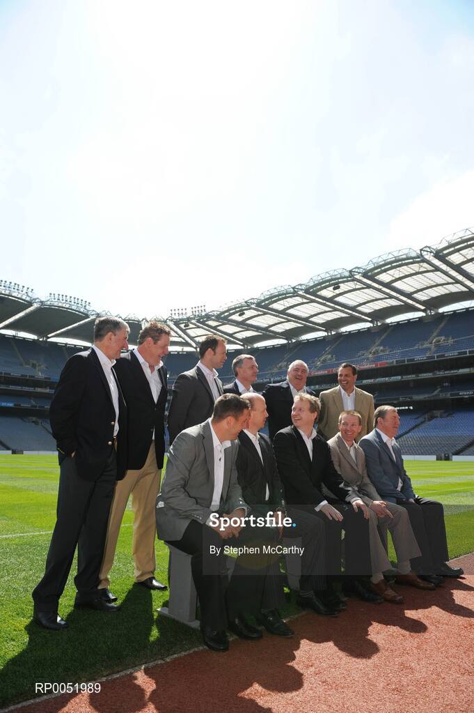 15 May 2008; TV3 has announced its GAA Line-up at Croke Park for Championship Season 2008. All live matches will be hosted by Matt Cooper and he will be joined in the studio by three expert panelists for each match. In addition to the live matches, TV3 will also broadcast a new Thursday prime time magazine show "Championship Throw-In", starting on May 29th. Pictured at the announcement are panellists, back, from left, Liam Griffin, Daithi Regan, David Brady, Nicky English, Joe Kernan, and Paul Earley with front, from left, Senan Connell, Peter Canavan, Presenter Matt Cooper, Jamesie O'Connor and Eugene McGee. Croke Park, Dublin. Picture credit: Stephen McCarthy / SPORTSFILE  *** Local Caption ***