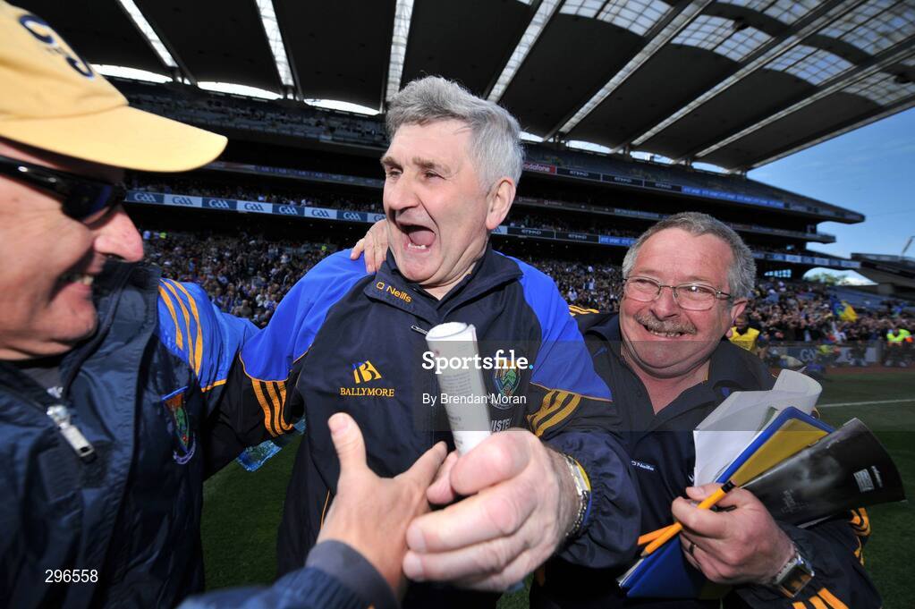 18 May 2008; Wicklow manager Mick O'Dwyer celebrates with selector Arthur Ffrench, left, and Martin Coleman. GAA Football Leinster Senior Championship 1st Round, Kildare v Wicklow, Croke Park, Dublin. Picture credit: Brendan Moran / SPORTSFILE