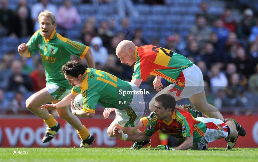 18 May 2008; Peadar Byrne, Meath, in action against Evan Doyle, 2, and Pauric Bambrick, Carlow. GAA Football Leinster Senior Championship 1st Round, Meath v Carlow, Croke Park, Dublin. Picture credit: Brendan Moran / SPORTSFILE