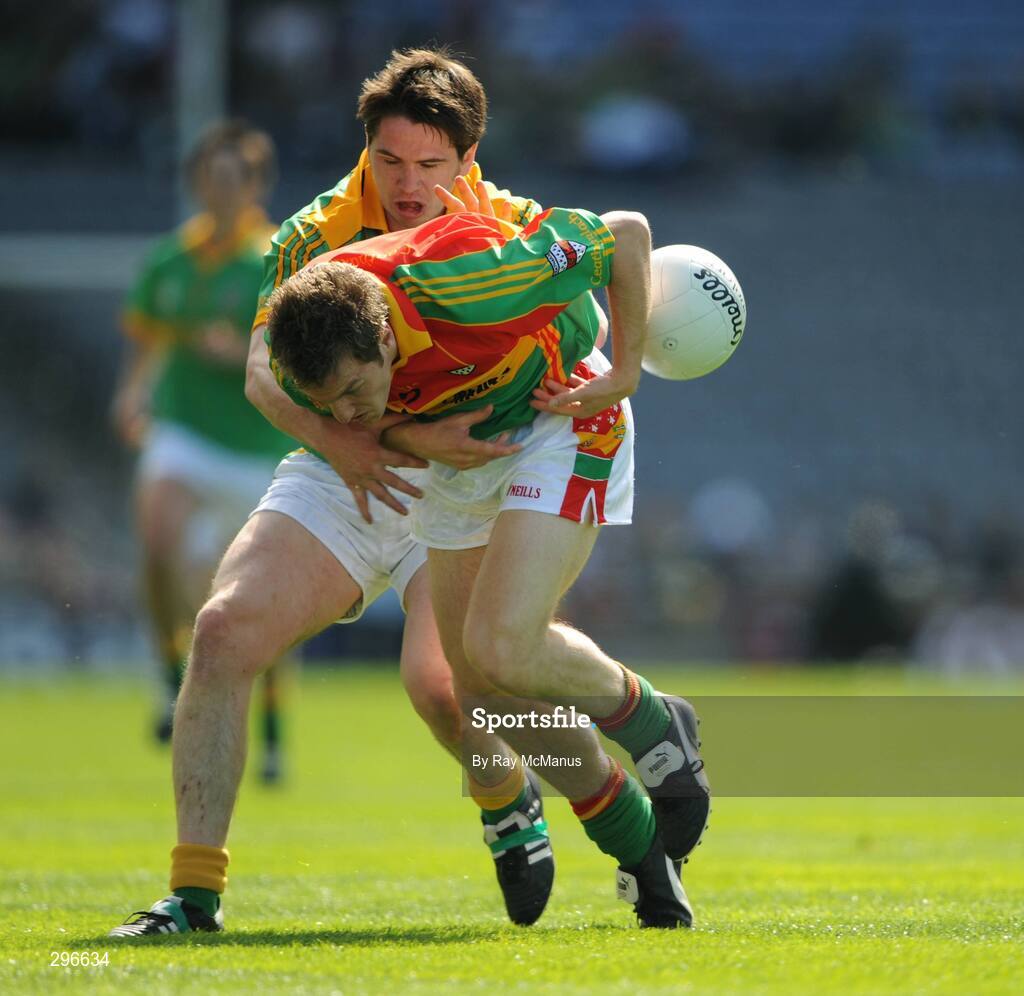 18 May 2008; Carlow captain Paul Cashin is tackled by Meath's Peadar Byrne. GAA Football Leinster Senior Championship 1st Round, Meath v Carlow, Croke Park, Dublin. Picture credit: Ray McManus / SPORTSFILE