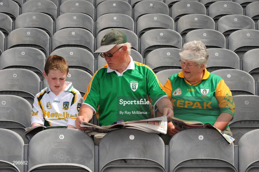 18 May 2008; Meath supporters, from Duleek, left to right, Jason Hamilton, Vivien Lynch and Mary Lynch read their programme, newspaper and magazine before the game. GAA Football Leinster Senior Championship 1st Round, Meath v Carlow, Croke Park, Dublin. Picture credit: Ray McManus / SPORTSFILE