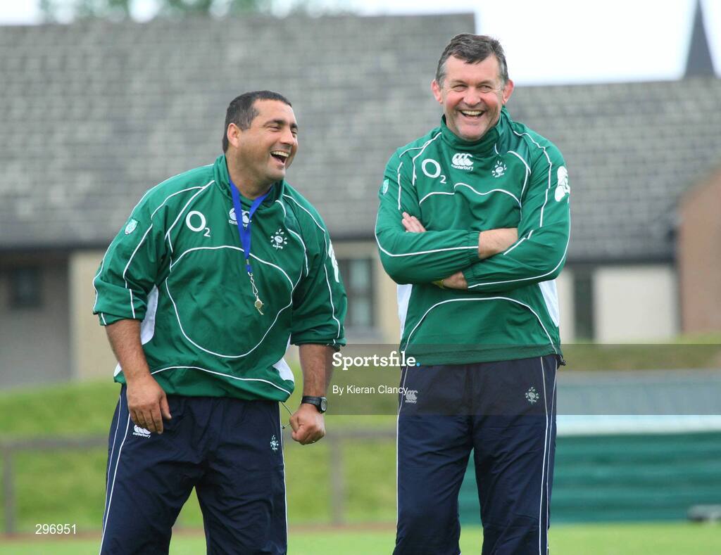 19 May 2008; Ireland acting head coach Michael Bradley, left, and acting forwards coach Niall O'Donovan share a joke during squad training. Ireland rugby squad training, University of Limerick, Limerick. Picture credit: Kieran Clancy / SPORTSFILE