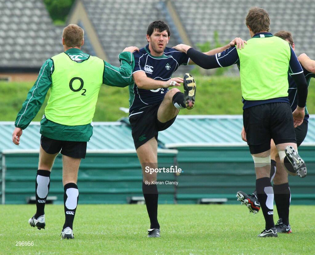 19 May 2008; Ireland's Shane Horgan warms up, centre, alongside team-mates Jamie Heaslip, left, and Malcolm O'Kelly during squad training. Ireland rugby squad training, University of Limerick, Limerick. Picture credit: Kieran Clancy / SPORTSFILE