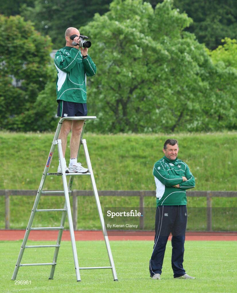 19 May 2008; Ireland video analyst Mervyn Murphy records training as acting forwards coach Niall O'Donovan looks on. Ireland rugby squad training, University of Limerick, Limerick. Picture credit: Kieran Clancy / SPORTSFILE