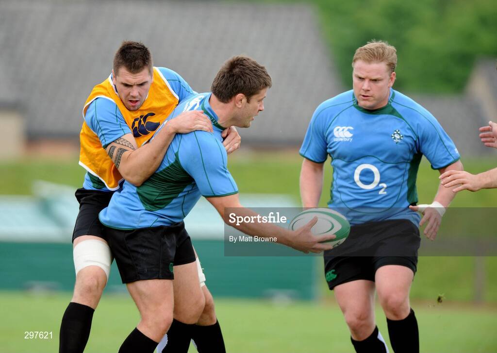 21 May 2008; Bryan Young is tackled by Ryan Caldwell before getting the ball away to Tom Court during Ireland rugby squad training. University of Limerick. Picture credit: Matt Browne / SPORTSFILE