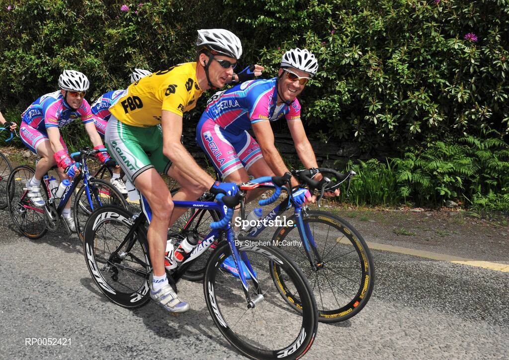 22 May 2008; Race leader David McCann, Irish National team, takes time out share a joke with Pezula rider Ciaran Power, on the approach to Ballydehob, Co. Cork. FBD Insurance Ras 2008 - Stage 5, Tralee - Skibbereen. Picture credit: Stephen McCarthy / SPORTSFILE