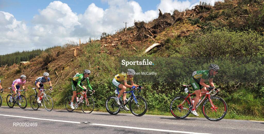 22 May 2008; Stephen Gallagher, right, and Daniel Lloyd, An Post sponsored Sean Kelly team, ride alongside race leader David McCann, Irish National team. FBD Insurance Ras 2008 - Stage 5, Tralee - Skibbereen. Picture credit: Stephen McCarthy / SPORTSFILE