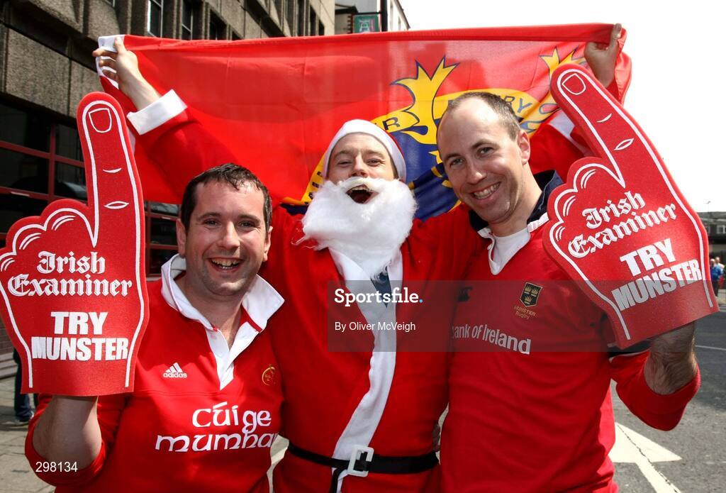 24 May 2008; Munster fans, from Limerick, James Shannon, Robert Bowe and Gordon Ryan before the game. Heineken Cup Final, Munster v Toulouse, Millennium Stadium, Cardiff, Wales. Picture credit: Oliver McVeigh / SPORTSFILE