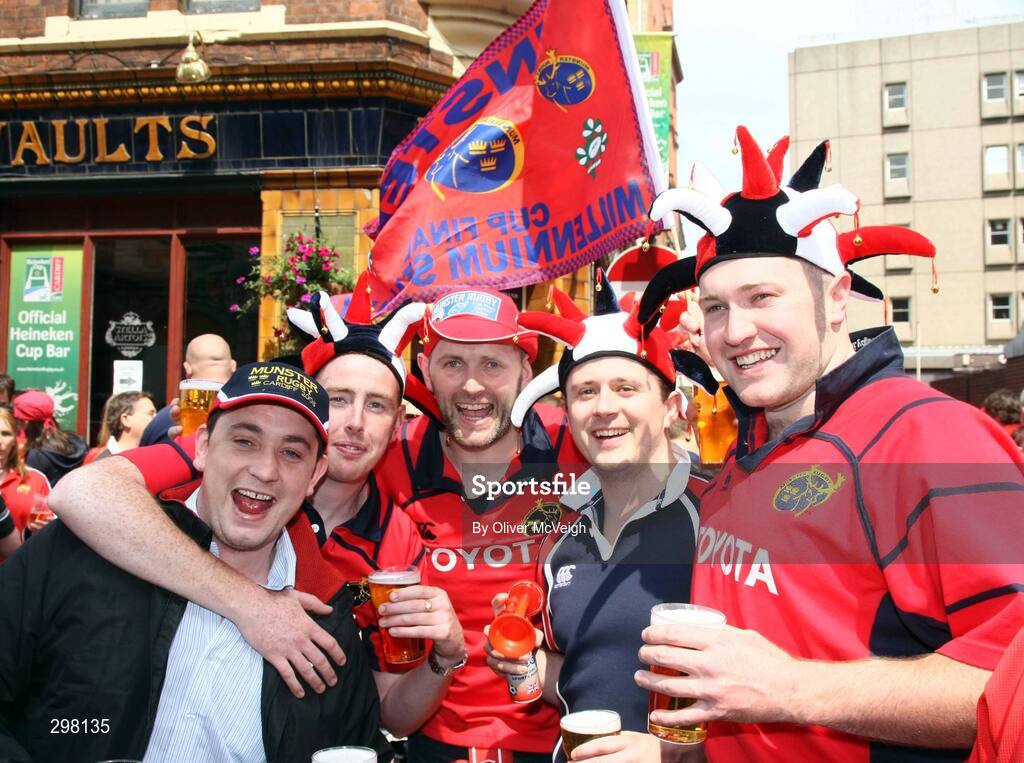 24 May 2008; Munster fans, all from Roscommon, Paul McNeill, Michael Kearney, Shane Coffey, Johnny Henry and Patrick Coffey before the game. Heineken Cup Final, Munster v Toulouse, Millennium Stadium, Cardiff, Wales. Picture credit: Oliver McVeigh / SPORTSFILE