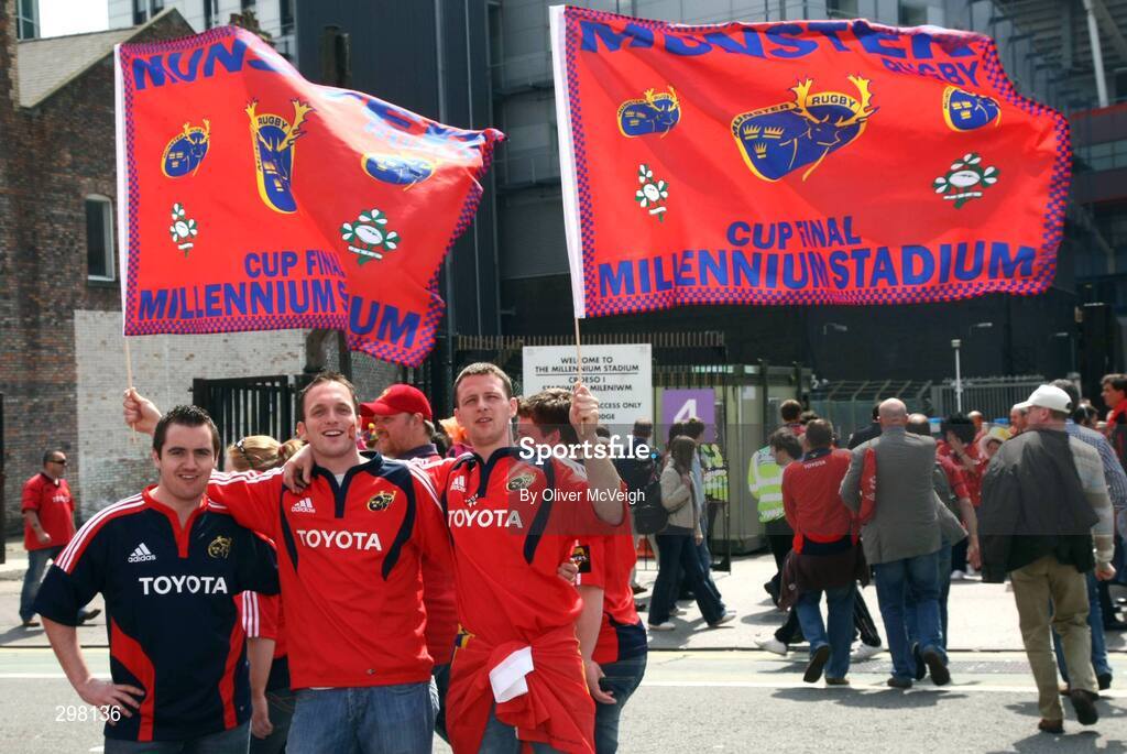 24 May 2008; Munster fans, from Cork city, Noel Kelleher, Damian O'Halloran and Wesley Healy before the game. Heineken Cup Final, Munster v Toulouse, Millennium Stadium, Cardiff, Wales. Picture credit: Oliver McVeigh / SPORTSFILE