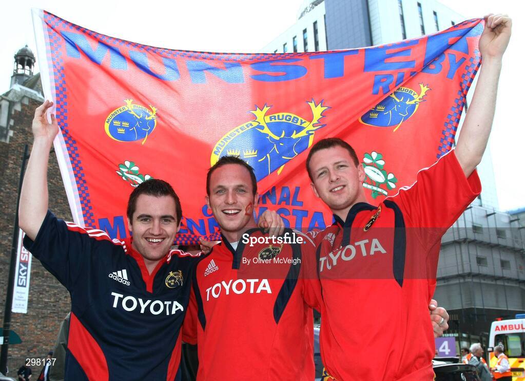 24 May 2008; Munster fans, from Cork city, Noel Kelleher, Damian O'Halloran and Wesley Healy before the game. Heineken Cup Final, Munster v Toulouse, Millennium Stadium, Cardiff, Wales. Picture credit: Oliver McVeigh / SPORTSFILE