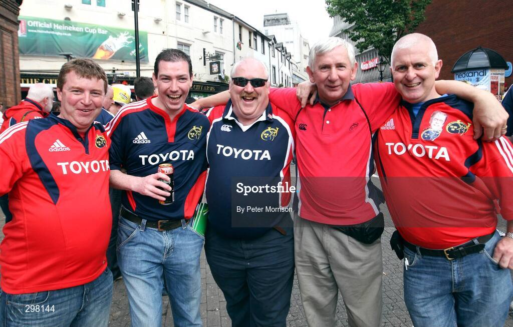 24 May 2008; Munster fans, from left, from Cork city, Dave Desmond, Padraig O'Rouke, Brendan Kennilly, Gerry Hurtley and Mossie O Sullivan before the game. Heineken Cup Final, Munster v Toulouse, Millennium Stadium, Cardiff, Wales. Picture credit: Peter Morrison / SPORTSFILE